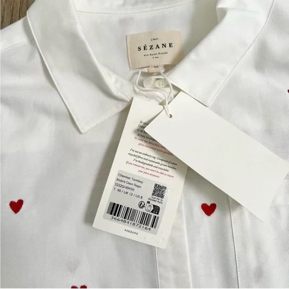 NWT Sezane Tomboy White Button Down Shirt Embroidered Red Hearts US Size 8 - Picture 4 of 7
